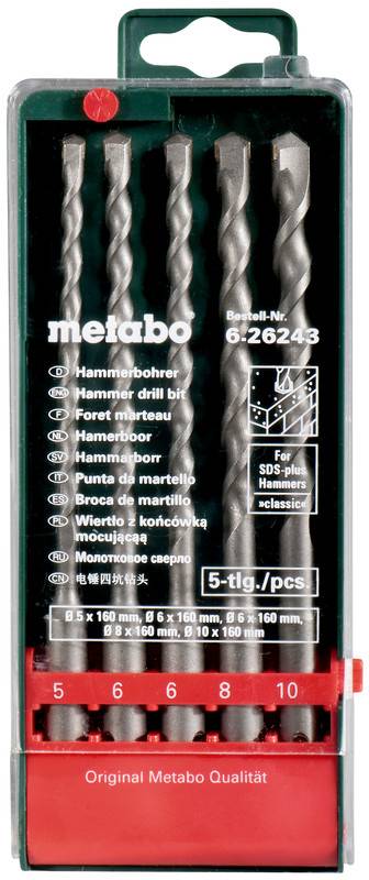 Ensemble de forets métalliques de Metabo dans un emballage vert avec des supports rouges. Comprend cinq forets de différentes tailles allant de 5 à 10 mm.