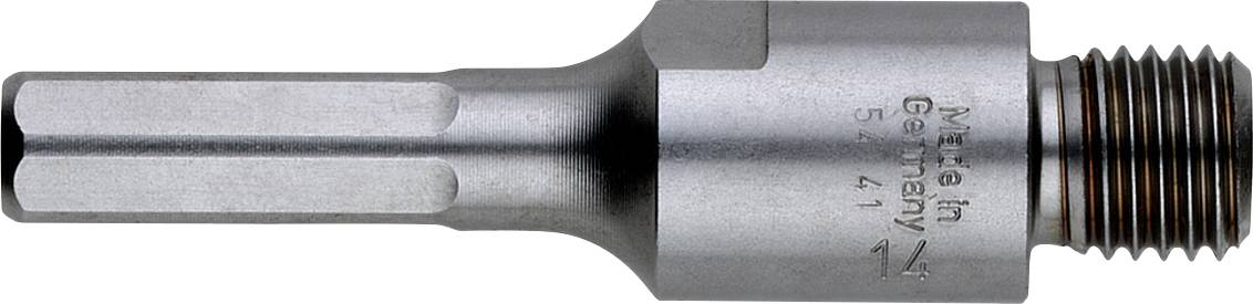 Adaptateur de vis métallique à tige hexagonale et embout fileté, portant l'inscription 'Made in Germany'.
