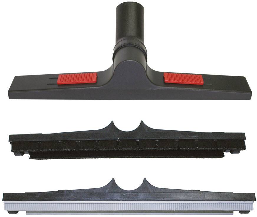 Embout d'aspirateur avec deux accessoires amovibles : l'un avec des brosses et l'autre avec une bande de caoutchouc, permettant de nettoyer différentes surfaces.