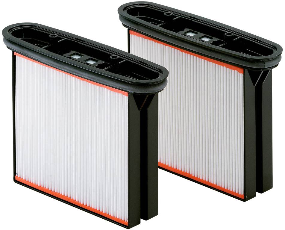 Deux filtres d'aspirateur rectangulaires avec un cadre noir et des plis blancs, placés côte à côte.