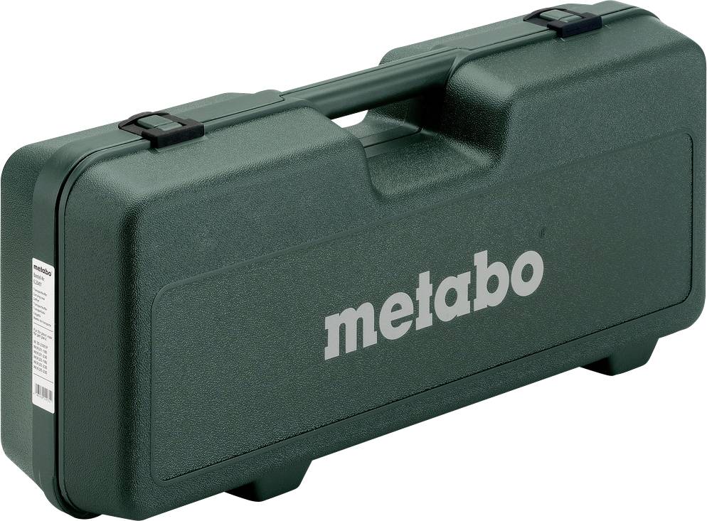 Mallette de transport rigide Metabo vert foncé avec poignée et fermoirs, présentée fermée sur fond blanc.