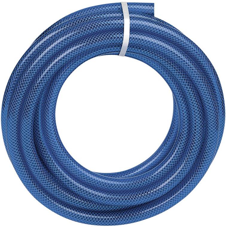 Un tuyau d'arrosage bleu est enroulé en cercle.