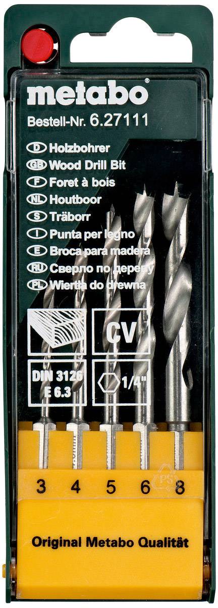 Emballage de forets à bois Metabo dans différentes tailles, de 3 à 8 mm. Contient des marquages clairs et le logo Metabo.