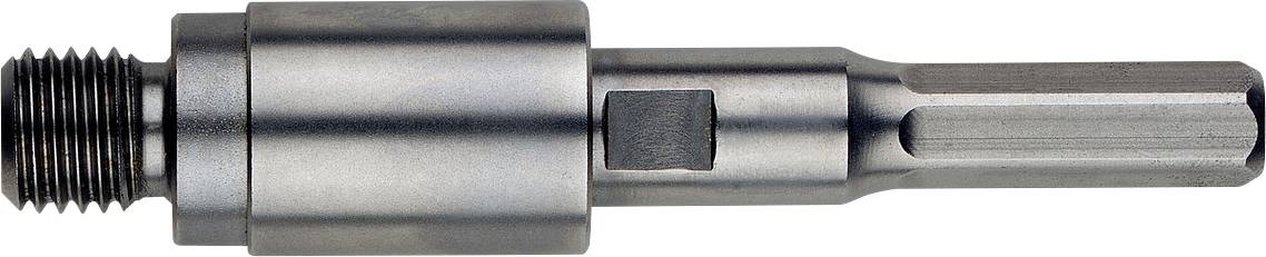 Un adaptateur de mandrin de perceuse en métal avec un filetage à gauche et une tige SDS à droite, adapté pour connecter un mandrin de perceuse à un marteau perforateur SDS.
