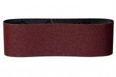 Une bande abrasive marron en forme de boucle, utilisée pour lisser des surfaces ou enlever du matériau.