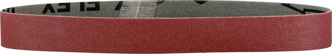 Une bande de ponçage rouge présentée en gros plan, boulée à plat avec le côté abrasif tourné vers l'extérieur.
