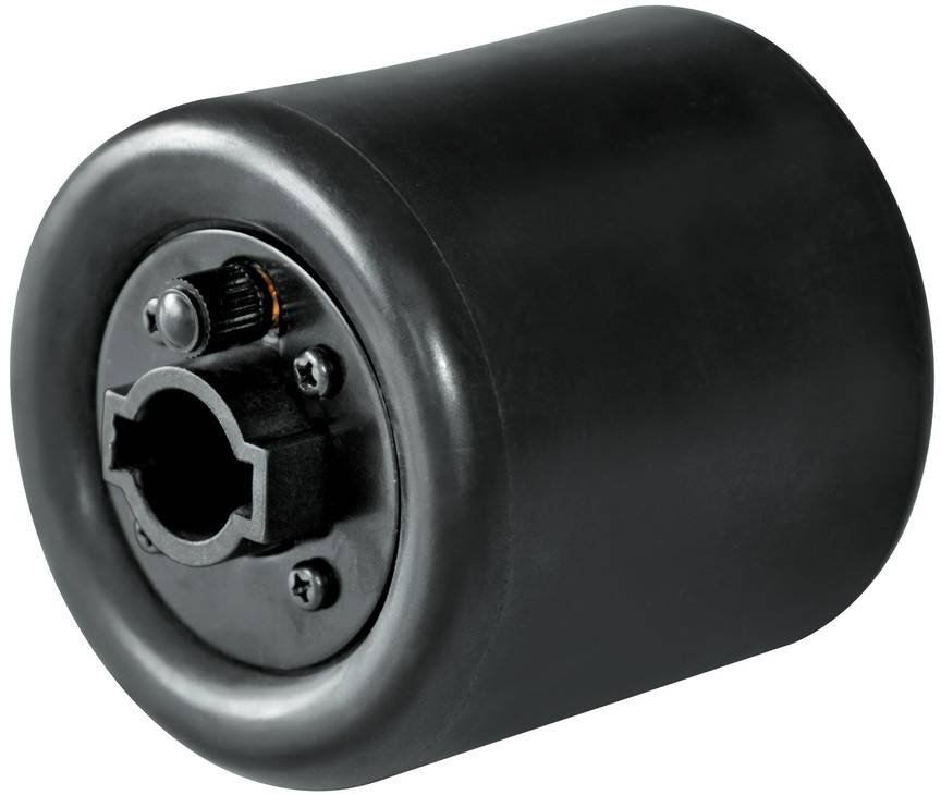 Roue noire avec un boulon central et une forme cylindrique, pouvant être utilisée pour des dispositifs mécaniques ou électroniques.