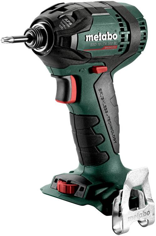 Visseuse sans fil Metabo en vert et noir avec interrupteur rouge. L'appareil est sans fil et convient pour visser et percer.