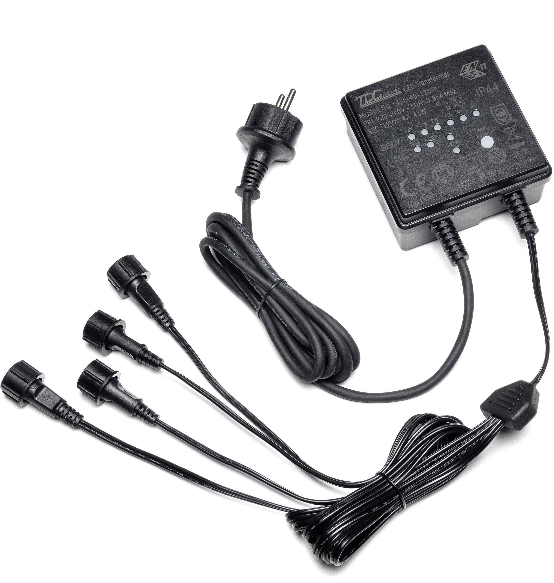 'Bloc d'alimentation noir avec fiche européenne et plusieurs connexions de câbles. Adapté aux appareils électriques ou à l'éclairage extérieur.'