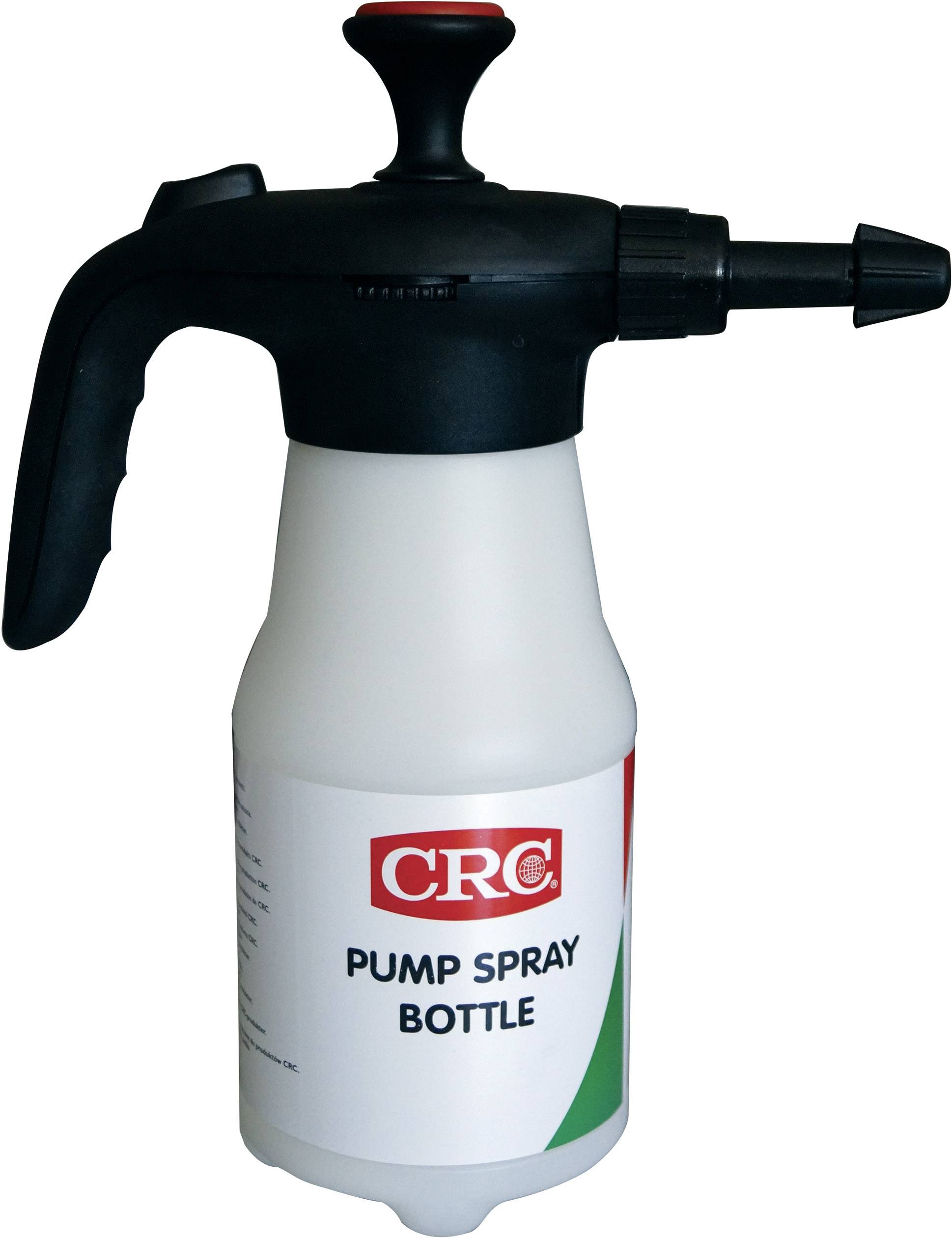 Une bouteille de pulvérisation blanche avec une poignée noire et un embout, étiquetée 'CRC Pump Spray Bottle'.