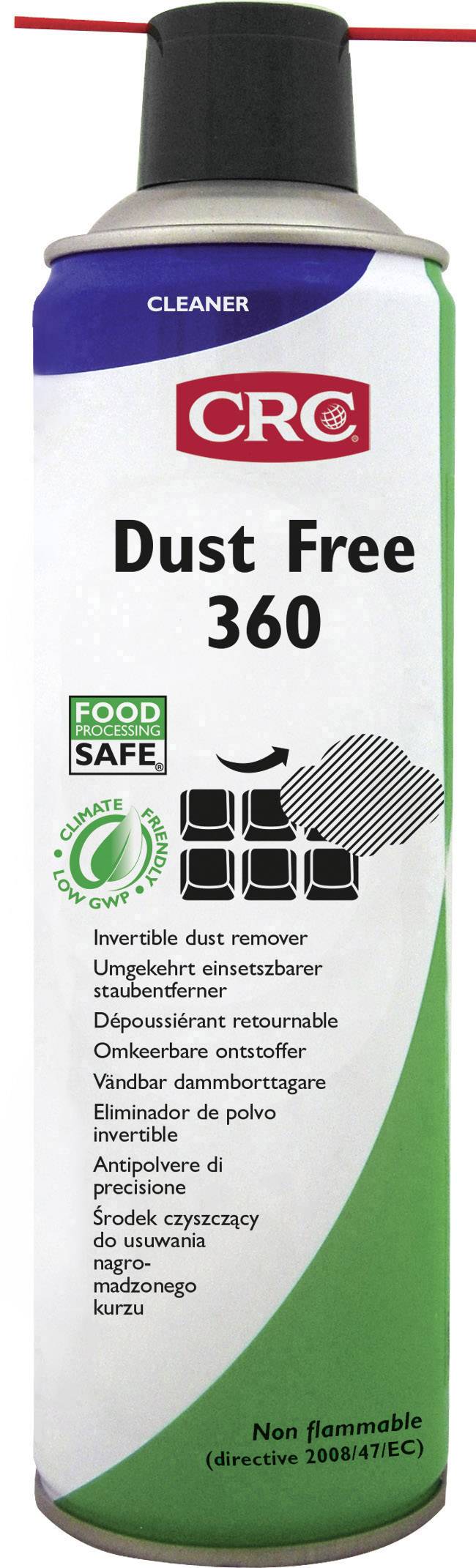Nettoyant aérosol CRC Dust Free 360, non inflammable, écologique, adapté aux zones alimentaires.