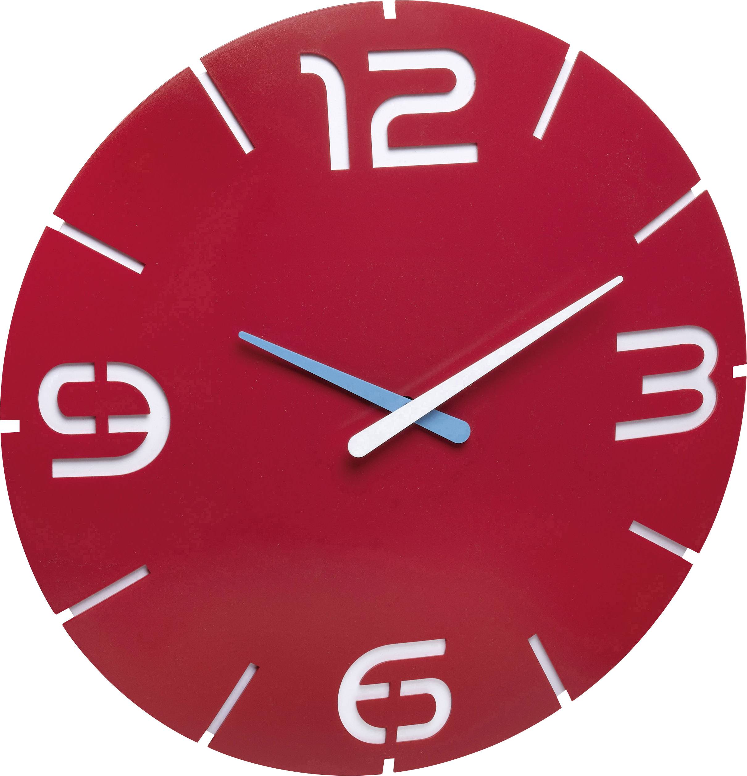 Horloge murale rouge avec des chiffres arabes blancs 12, 3, 6, 9. Les aiguilles indiquent environ 12:04.