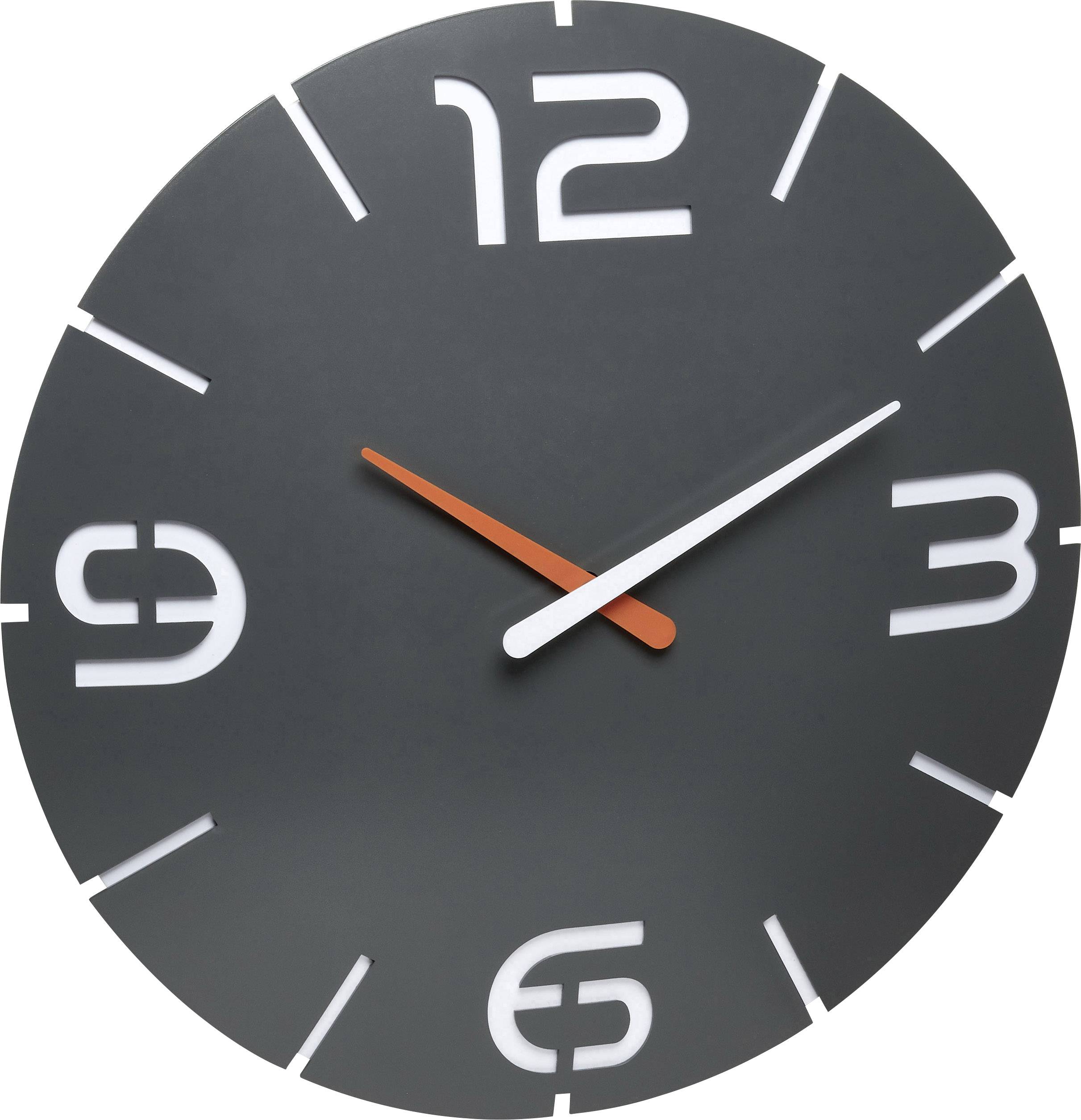 Horloge murale ronde grise avec des chiffres blancs et deux aiguilles, dont une aiguille des secondes orange. L'heure indiquée est 10h10.