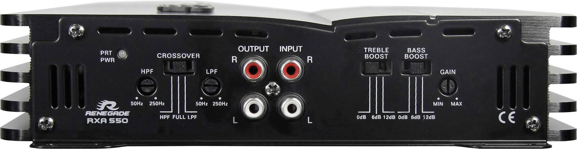 Face arrière de l'amplificateur 'Renegade RXA 550' avec entrées et sorties, options de crossover et réglages de renforcement des aigus et des basses.