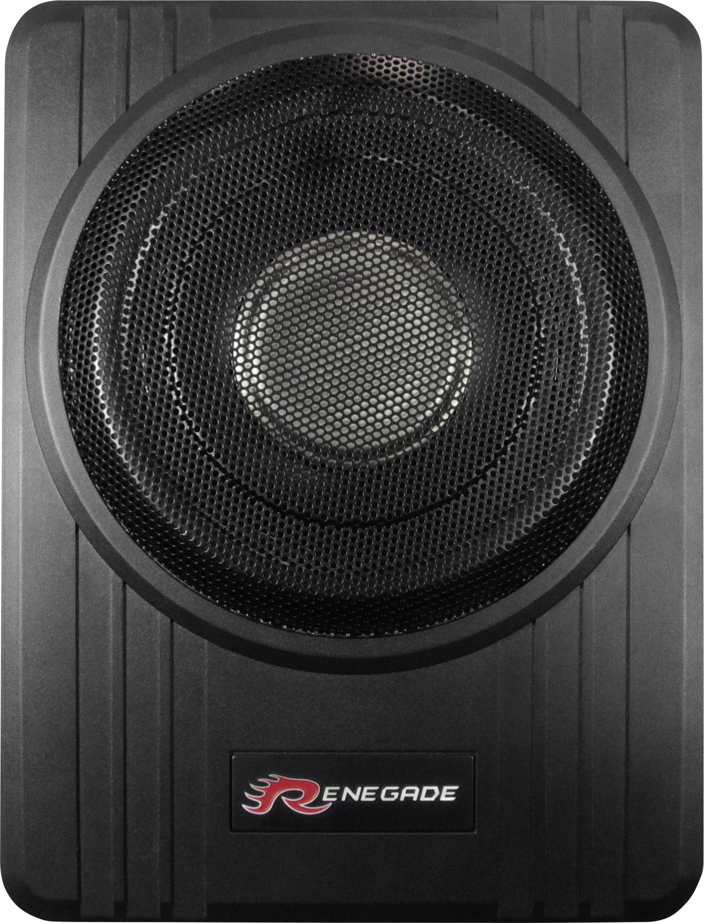 Haut-parleur noir avec membrane circulaire et grille en maille métallique. Logo 'Renegade' en bas avec un motif de flammes.