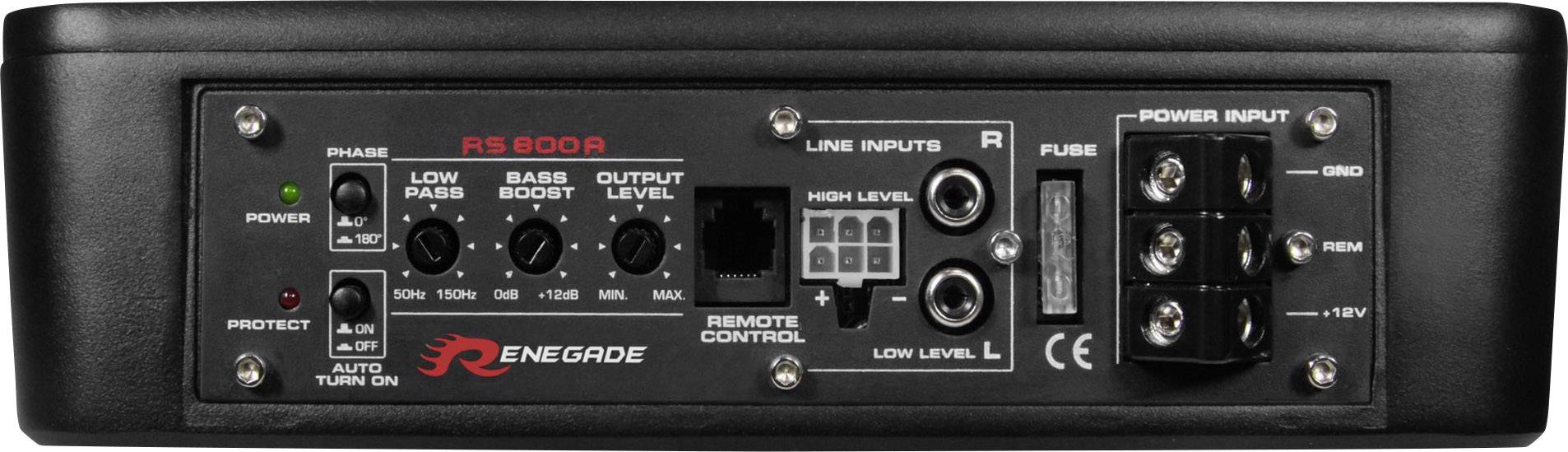 Arrière d'un amplificateur avec connexions et réglages, comprenant Phase, Filtre passe-bas, Boost des basses, Niveau de sortie, Entrées ligne et Entrée d'alimentation.