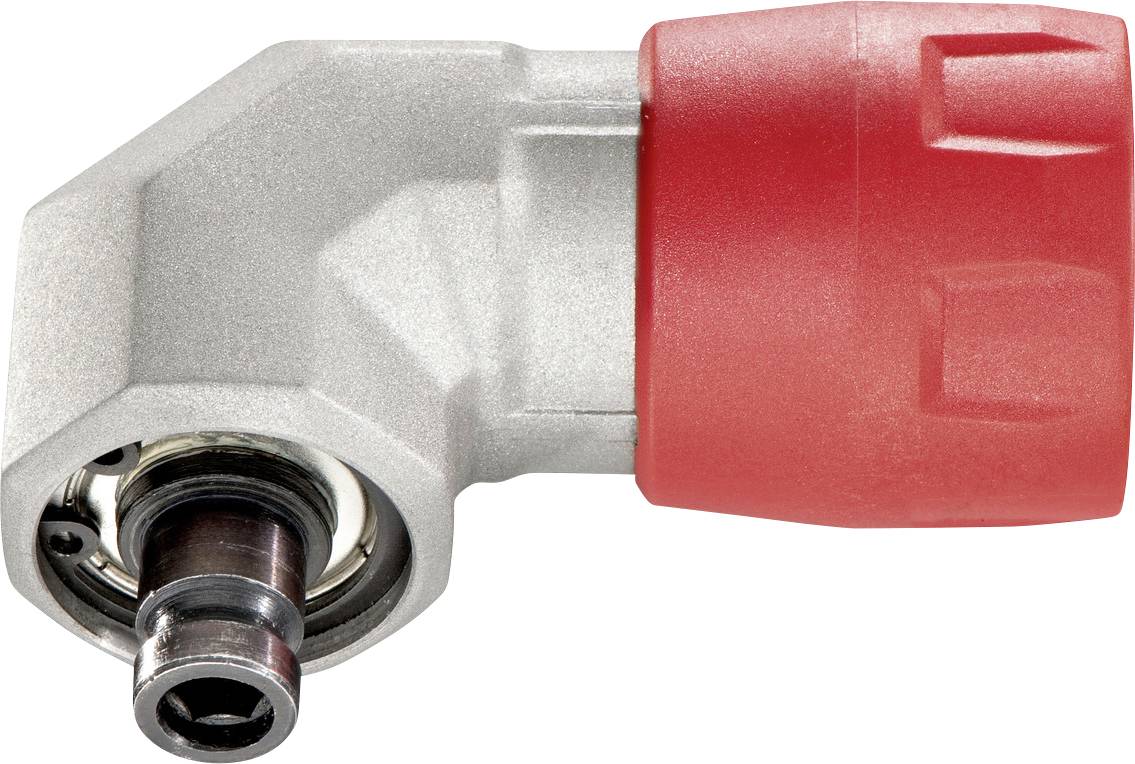 Un élément de machine en argent, de forme L, avec une poignée en plastique rouge.