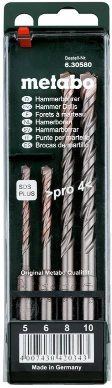 Ensemble de mèches de perceuse Metabo étiquetées « pro 4 » avec quatre mèches métalliques (tailles 5, 6, 8, 10) et code-barres produit, fabriqué en Allemagne.