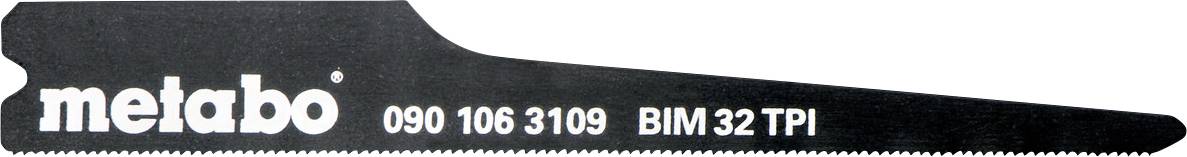 Lame de scie métallique noire de Metabo, marquée '090 106 3109 BIM 32 TPI'. Adaptée pour des coupes de précision.