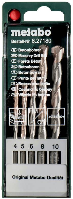 Remplacement de forets 'Metabo' pour perforateurs béton, tailles 4 à 10, avec numéro de commande 6.27180. Contient des images et des textes en plusieurs langues.