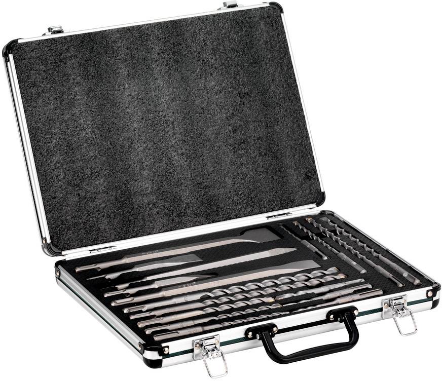 Coffret à outils ouvert contenant plusieurs embouts de perceuse dans des supports en mousse. Poignée et fermoirs noirs visibles.