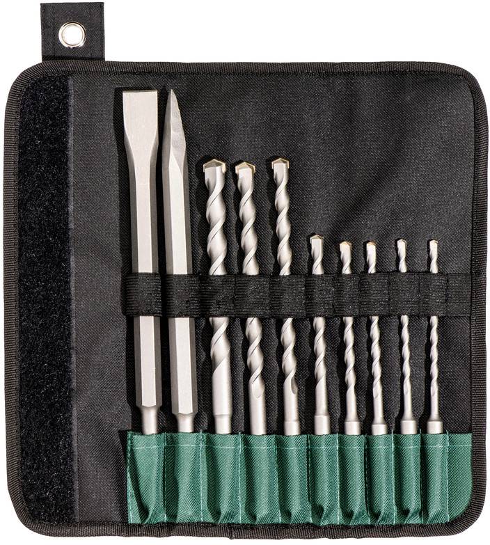 Un sac à outils noir contenant des forets métalliques et des burins de différentes tailles, organisés dans des supports verts.