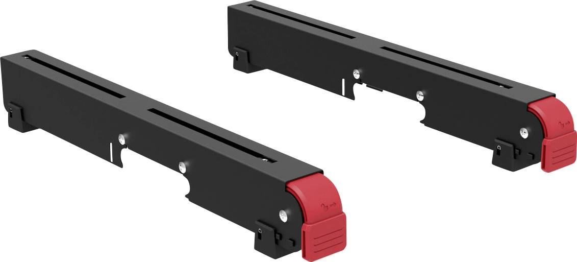 Deux pinces métalliques noires rectangulaires avec des extrémités rouges, probablement utilisées pour la fixation ou la sécurisation d'objets.