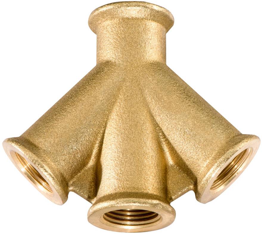 Un té en bronze à trois ouvertures égales, utilisé dans les installations sanitaires pour raccorder plusieurs tuyaux.
