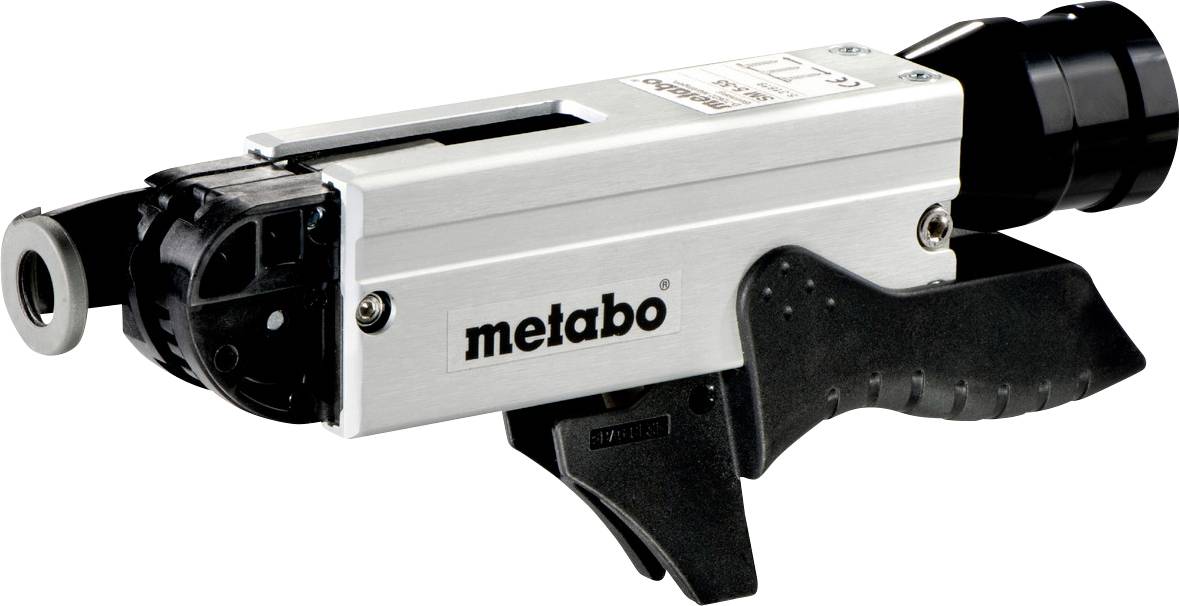 Outil de meulage en métal avec boîtier gris argenté et noir, logo Metabo, tête cylindrique et poignée de type pistolet sur un fond blanc.