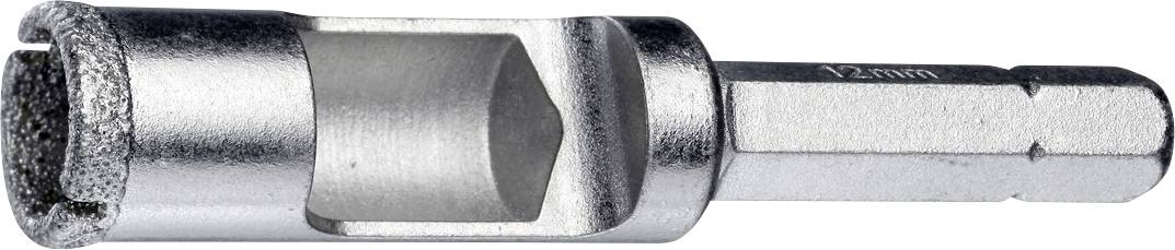 Gros plan d'une scie cloche métallique avec une pointe pilote et une tige hexagonale, présentée horizontalement sur un fond blanc.
