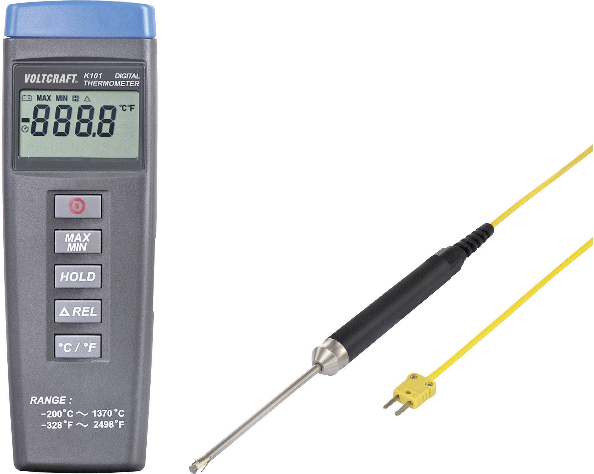 Thermomètre numérique Voltcraft K101 avec sonde de température, plage : -200°C à 1370°C, affichage en Celsius/Fahrenheit, fonction MAX/MIN.