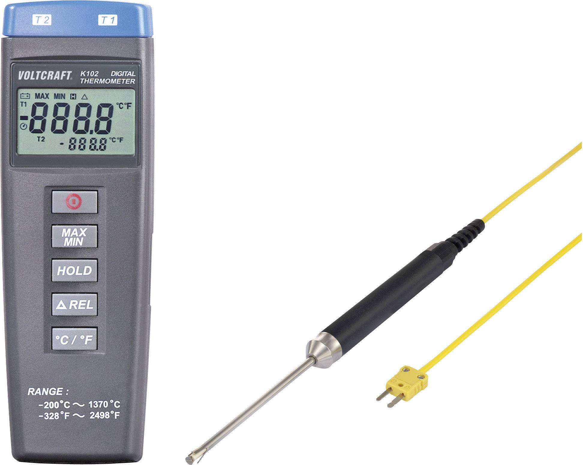 Thermomètre numérique et sonde avec câble jaune pour mesurer des températures entre -200°C et 1370°C.
