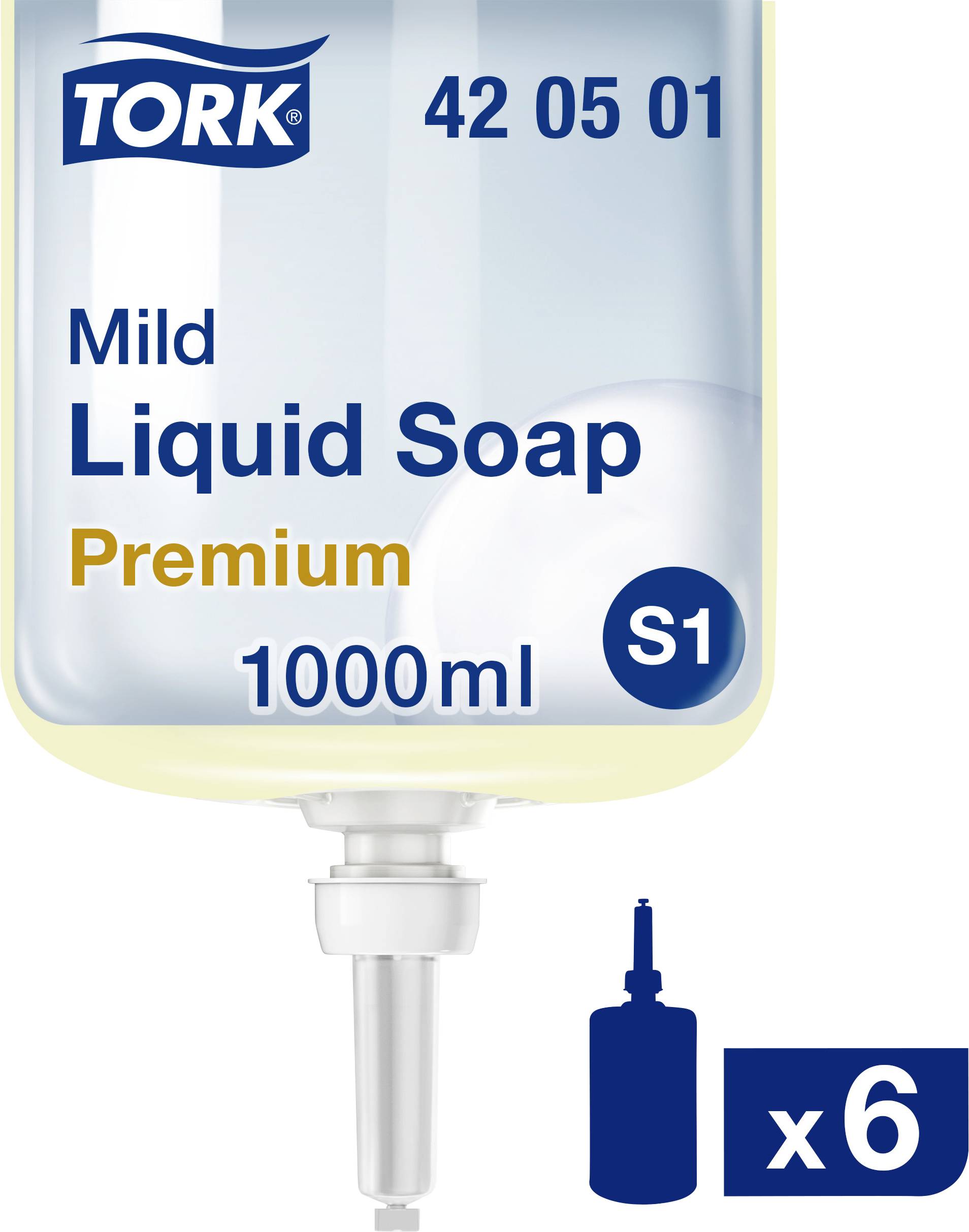 Savon liquide doux TORK Premium 1000ml, S1 42 05 01. Flacon de savon avec distributeur. Carton de 6 flacons.