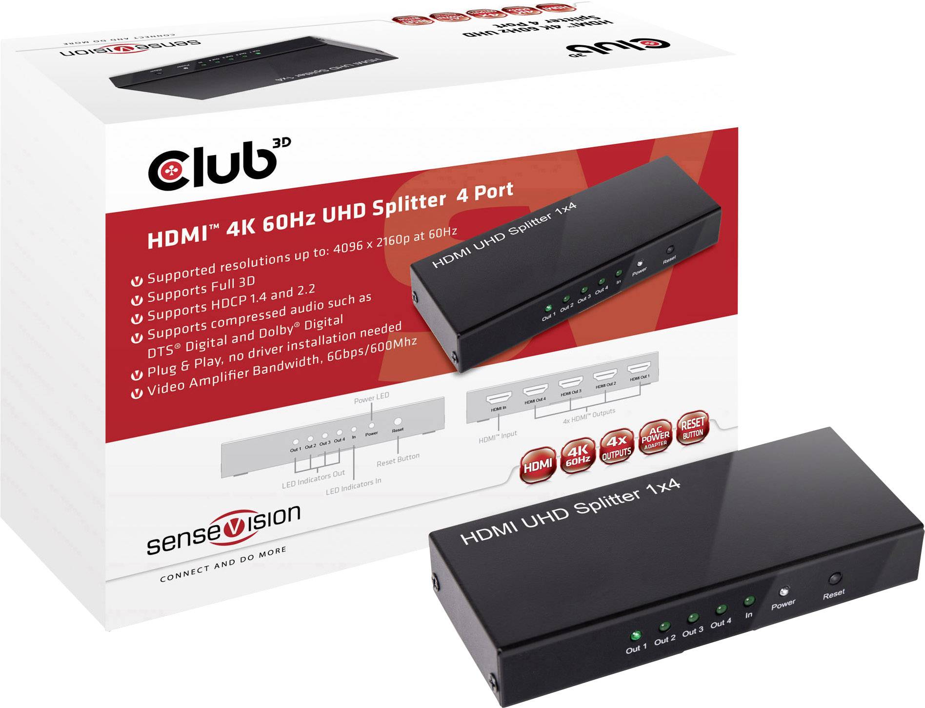 club3D CSV-1380 4 ports Répartiteur HDMI 4096 x 2160 pixels noir