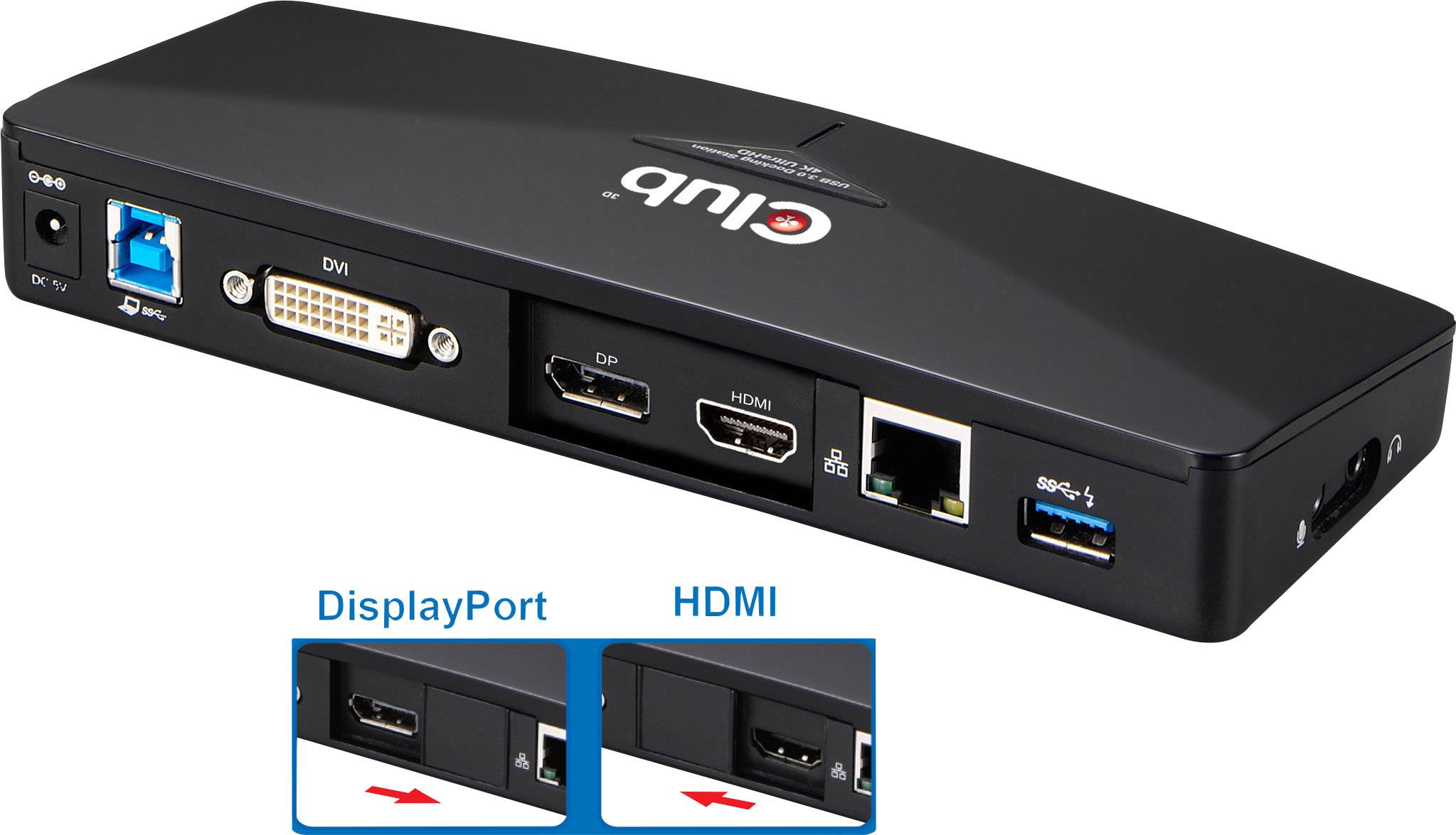 Un hub USB noir avec des ports pour DVI, DisplayPort, HDMI, Ethernet et USB. Il présente des vues détaillées des ports DisplayPort et HDMI.