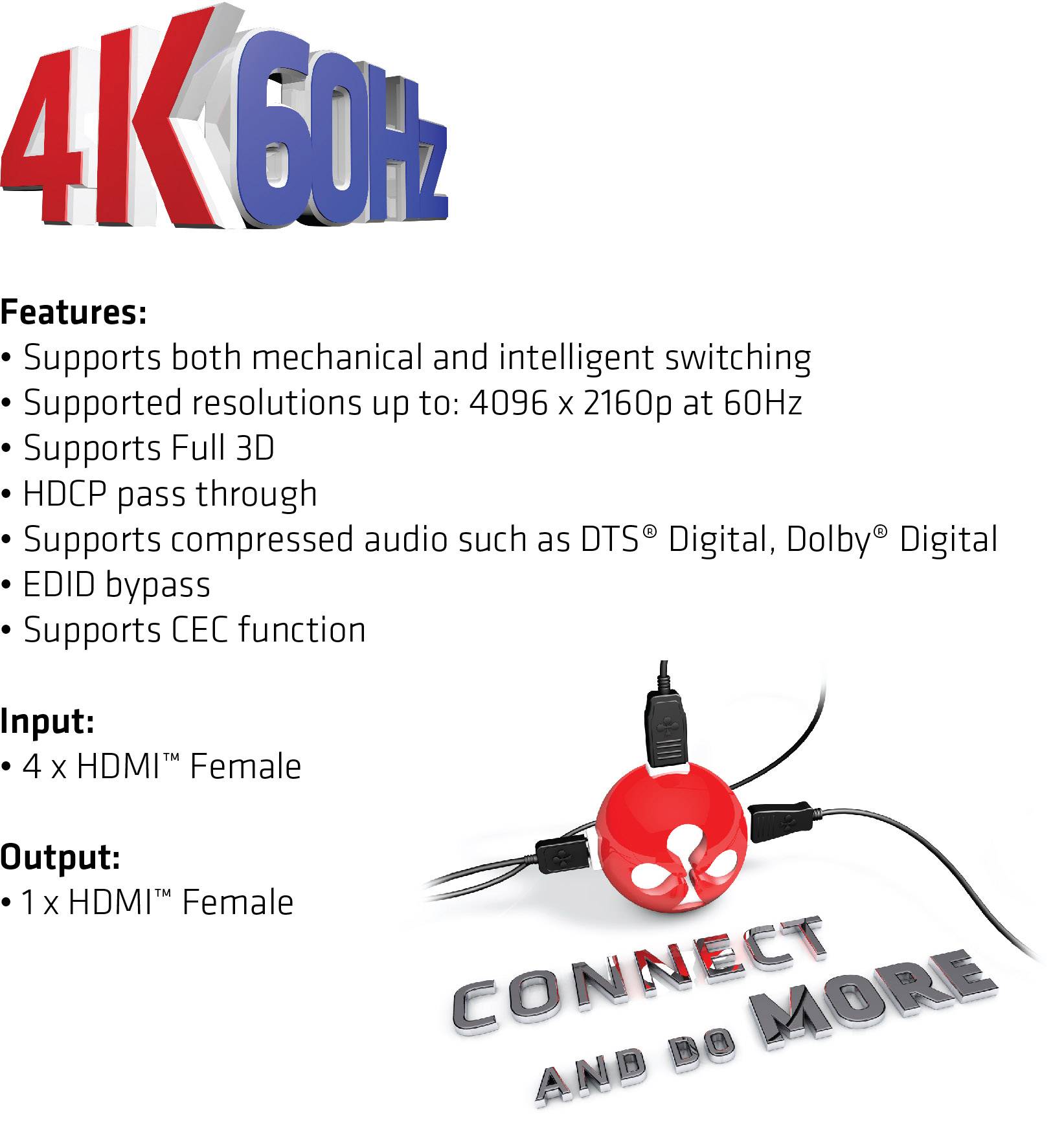 club3D CSv-1370 4 ports Switch HDMI 4096 x 2160 pixels