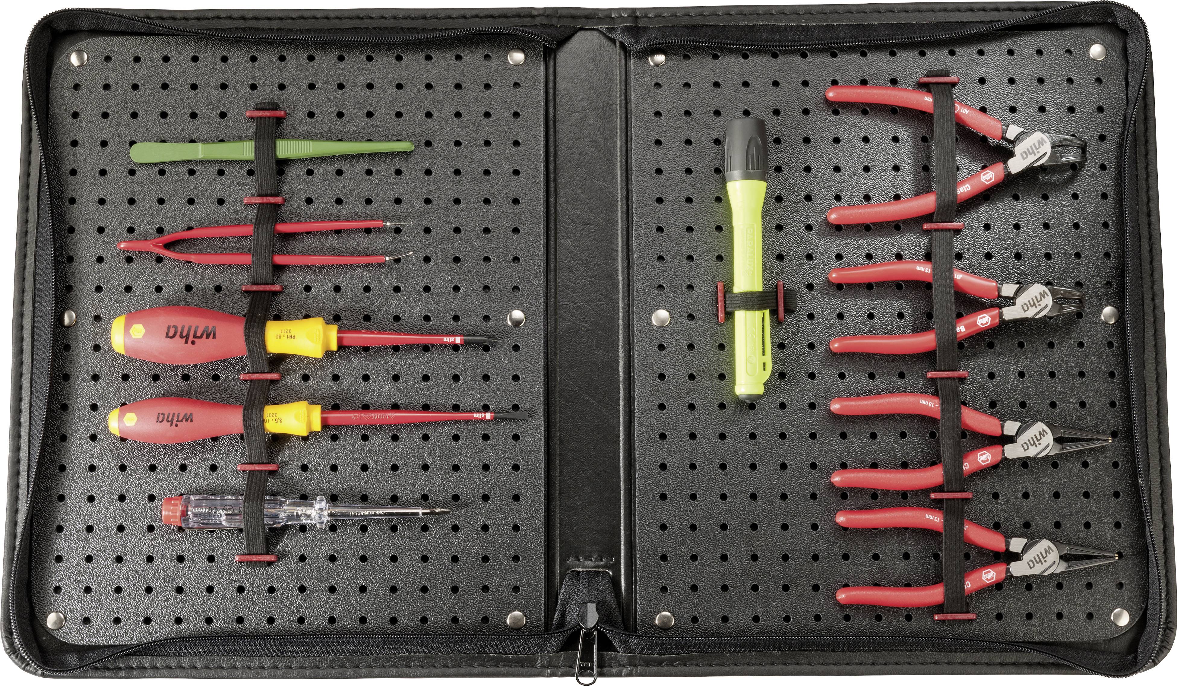 Un étui à outils rabattable avec des outils bien rangés : tournevis, pinces et un testeur de tension, solidement fixés.