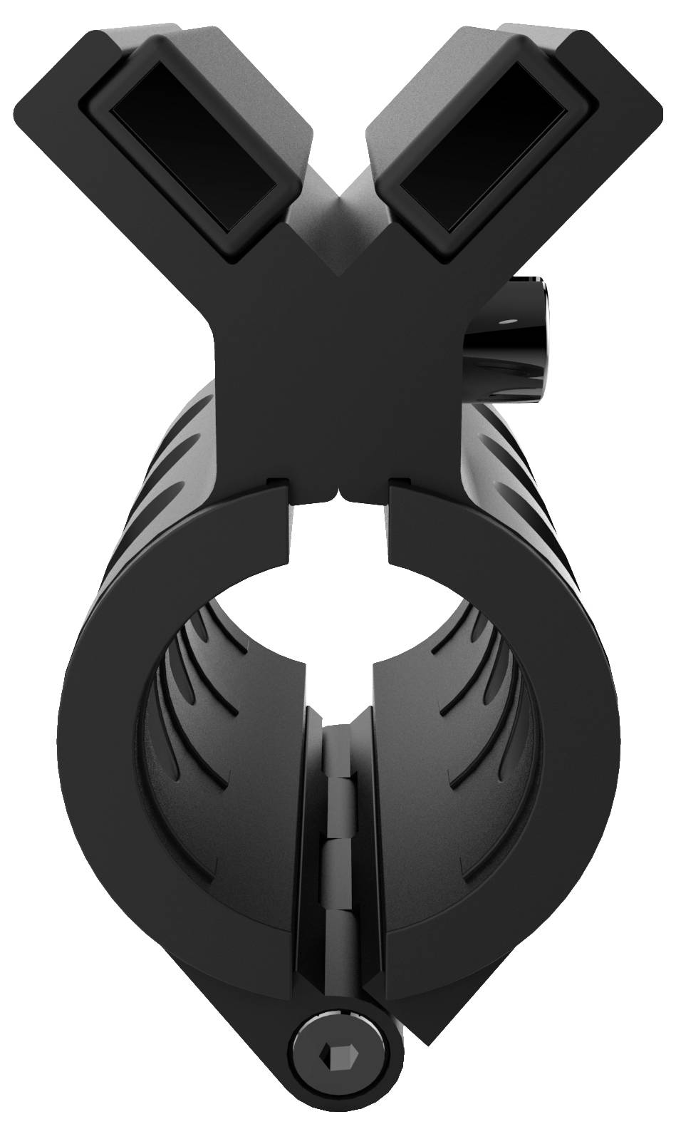 Un support noir cylindrique avec une ouverture supérieure en forme de Y, adapté pour être fixé sur des objets ronds.
