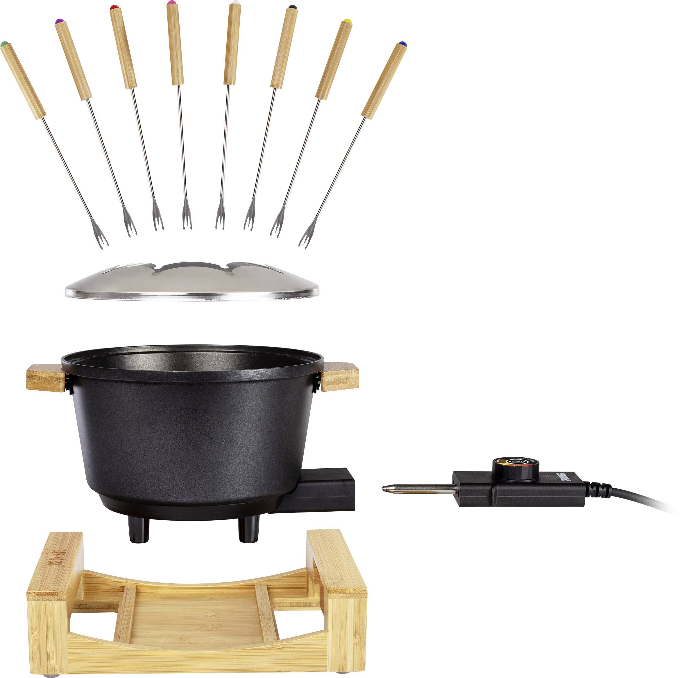 Ensemble à fondue électrique comprenant un caquelon en fonte avec poignées en bois, un couvercle, 8 fourchettes à embouts colorés, un thermostat et un support en bois.