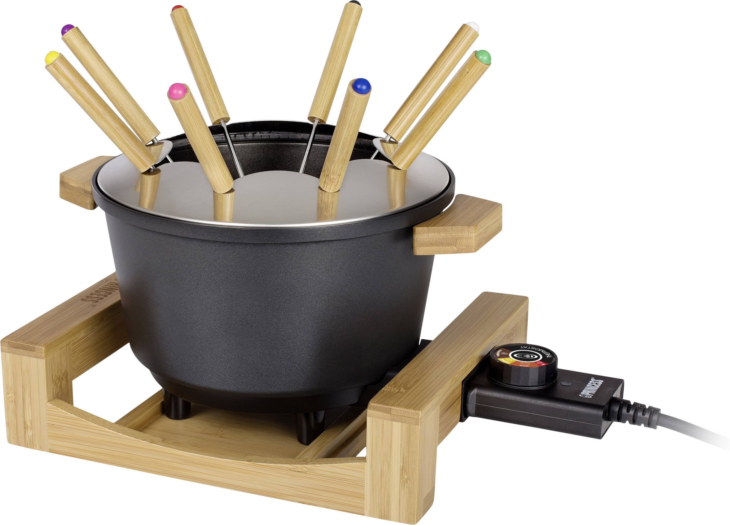 Un pot à fondue noir sur un support en bois, accompagné de plusieurs fourchettes colorées et d'un régulateur de température sur le côté.