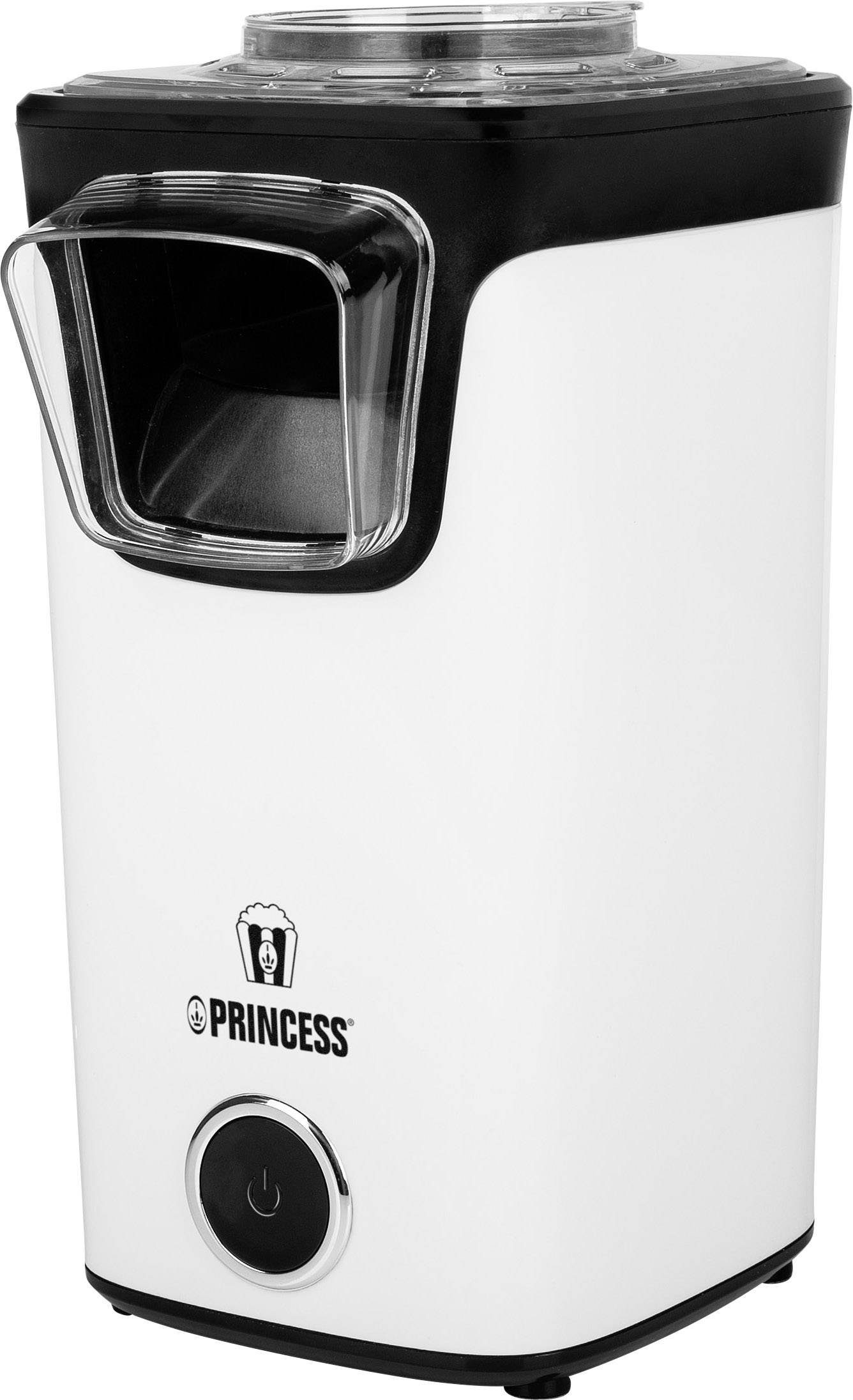Machine à popcorn blanche avec bordure noire, dotée d'un interrupteur marche/arrêt à l'avant. La marque 'Princess' est visible sur la façade.