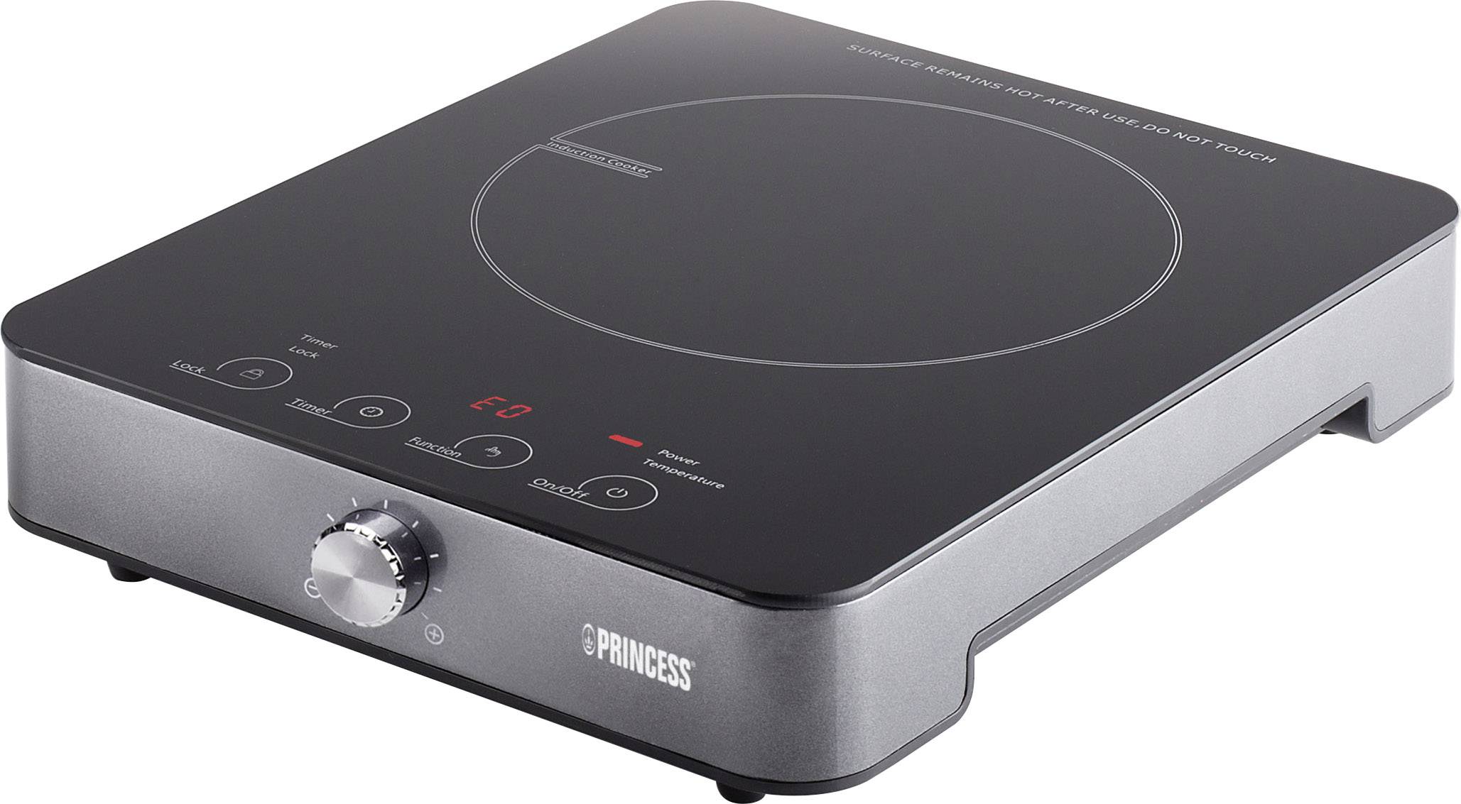 Plaque de cuisson à induction portable et compacte avec bouton de commande et affichage numérique, adaptée aux chaufferages rapides dans les petites cuisines.