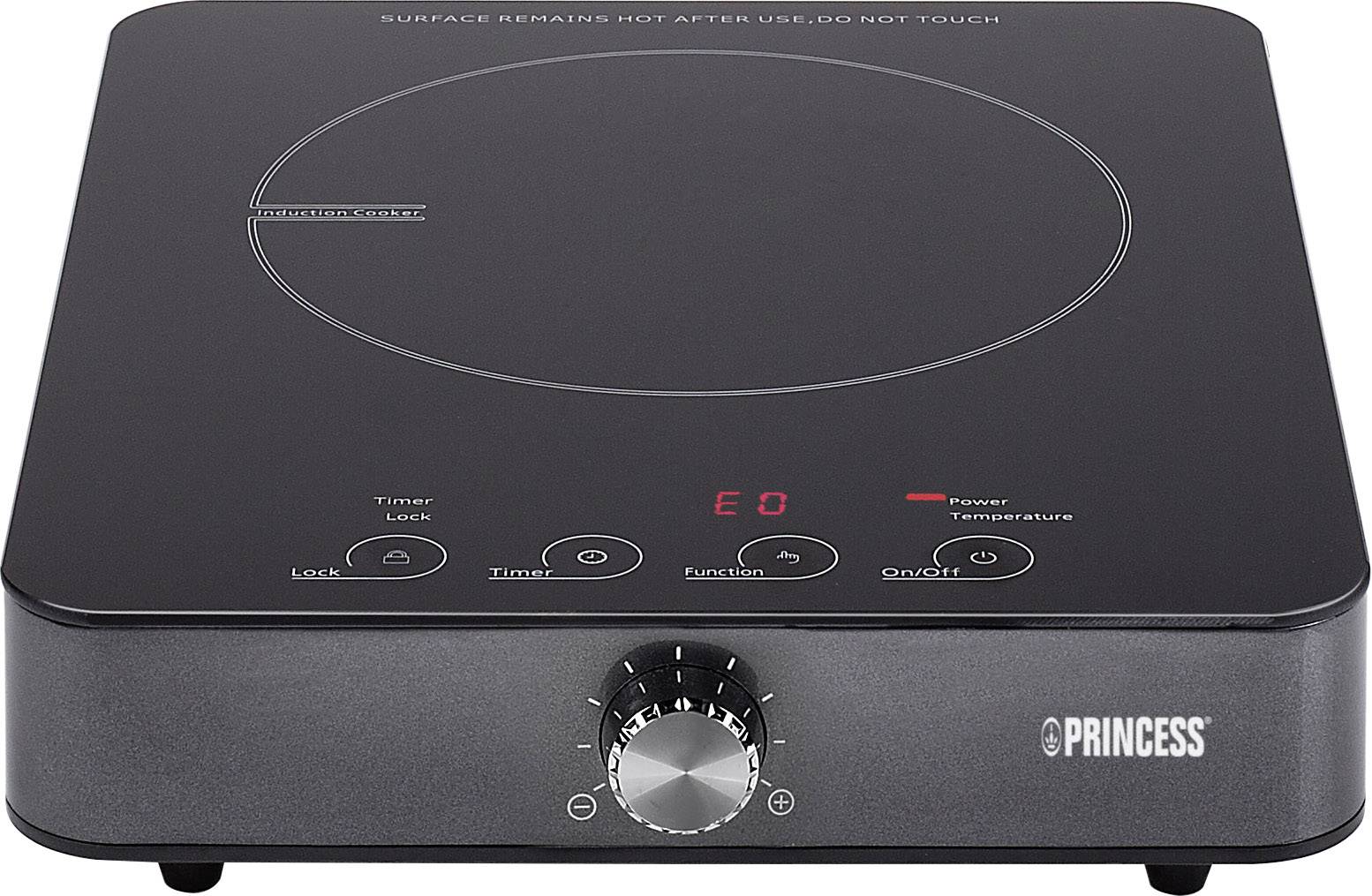Plaque de cuisson à induction noire avec bouton rotatif et affichage LED. Nom de la marque en bas à droite. Commandes de minuterie et de température visibles.