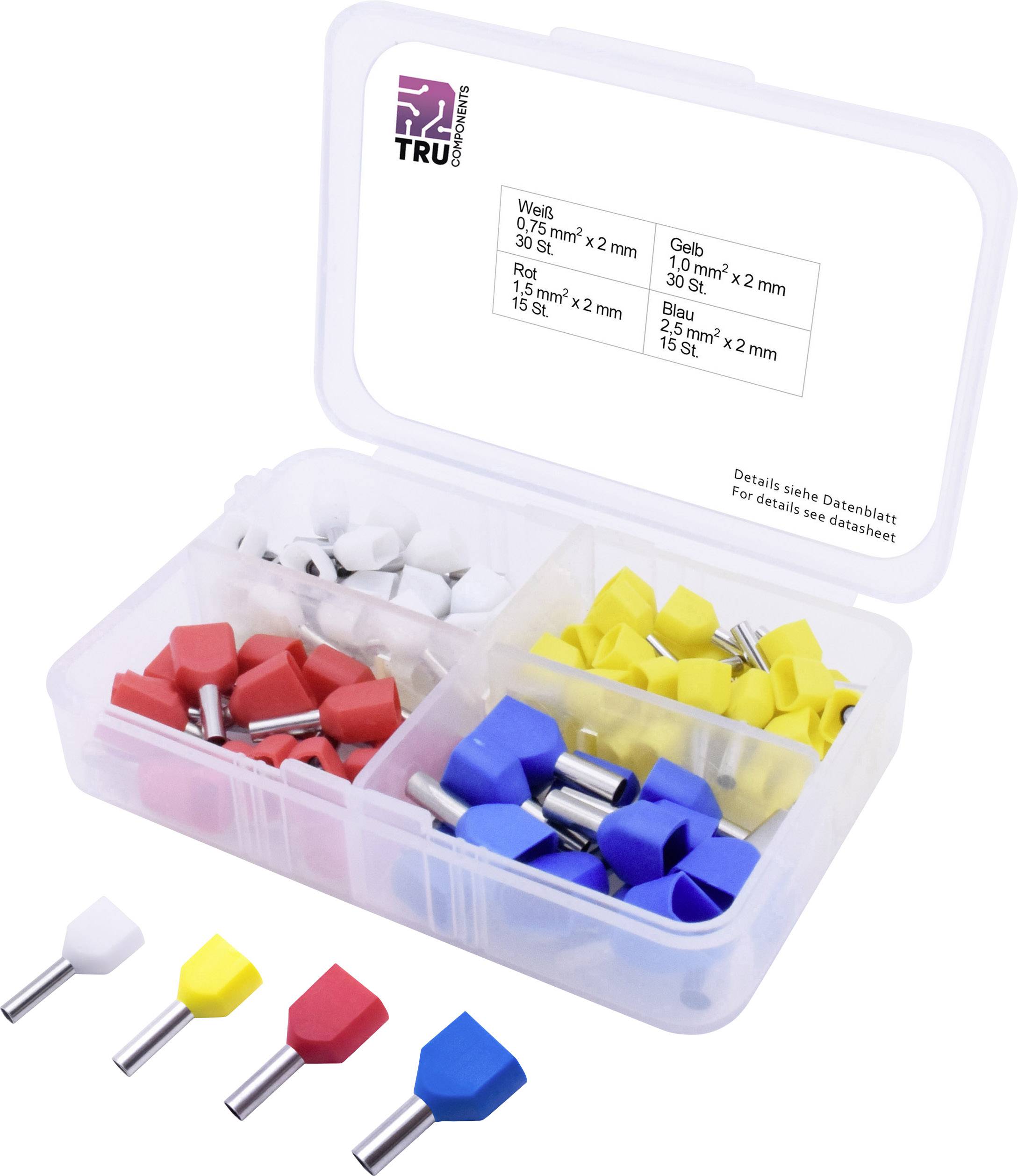 Une boîte contenant des embouts de câble de différentes couleurs : rouge, blanc, jaune et bleu. Chaque couleur indique des dimensions spécifiques pour les travaux électriques.