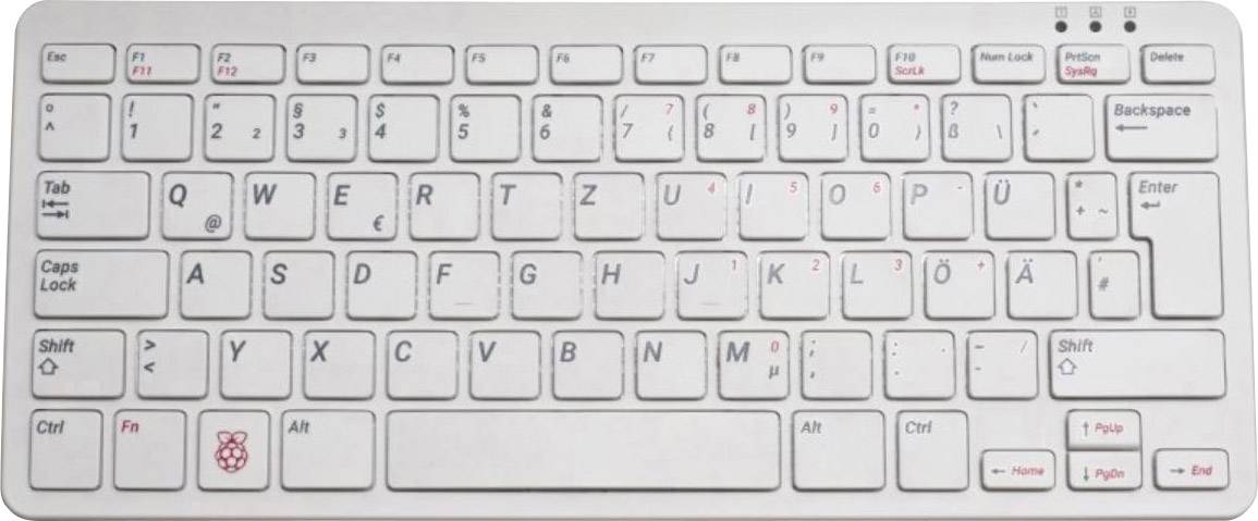 Clavier d'ordinateur blanc en disposition allemande QWERTZ avec des caractères rouges et noirs sur les touches. En bas à gauche se trouve un symbole de framboise.