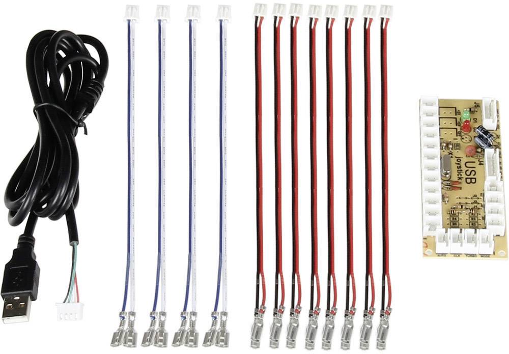 Kit électronique avec câble USB, quatre bandes bleues, huit câbles rouges et une carte de circuit imprimé.