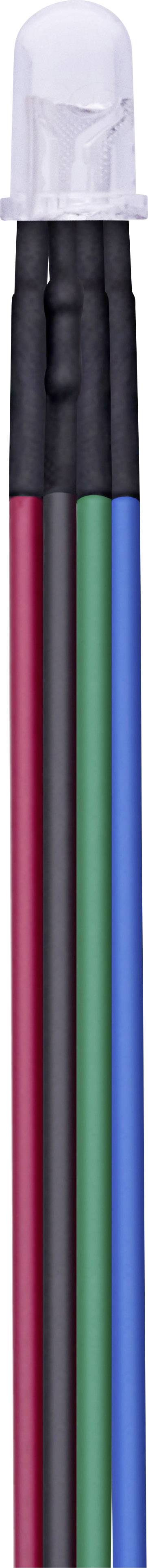 Un câble rouge, noir, vert et bleu sont fixés côte à côte, aboutissant à un composant électronique transparent.