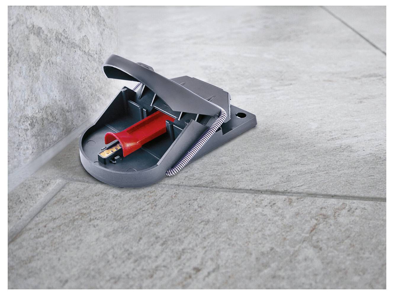 Emballage 'Mausefalle Pro SuperCat'. Présente un piège à souris gris avec l'inscription 'SuperCat'. Fonctions : puissance de frappe optimale, système de capture breveté, élimination rapide, appât naturel.