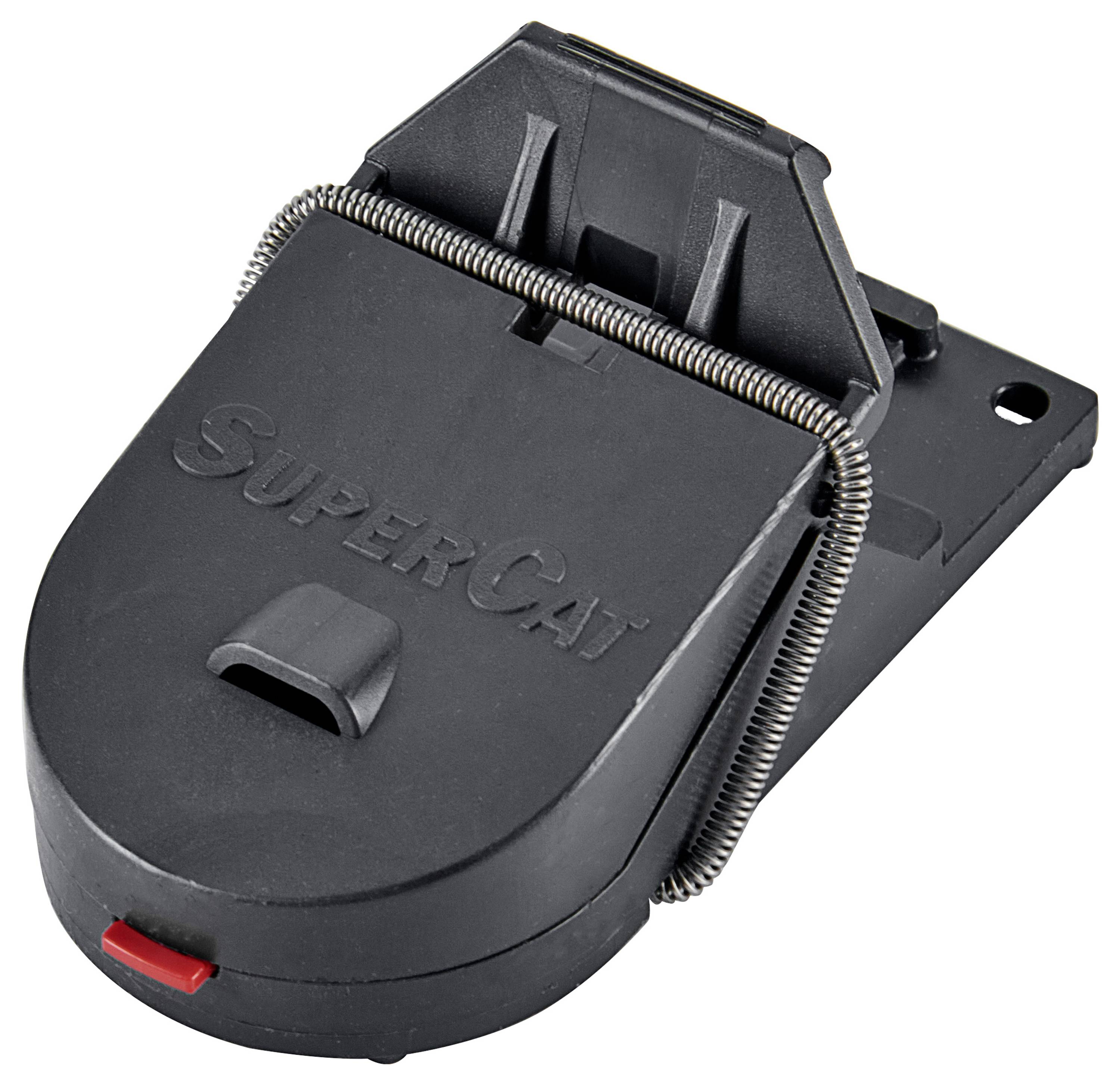 Un piège à souris en plastique noir avec un déclencheur rouge visible et un mécanisme à ressort métallique, marqué du logo « SuperCat » sur le dessus.