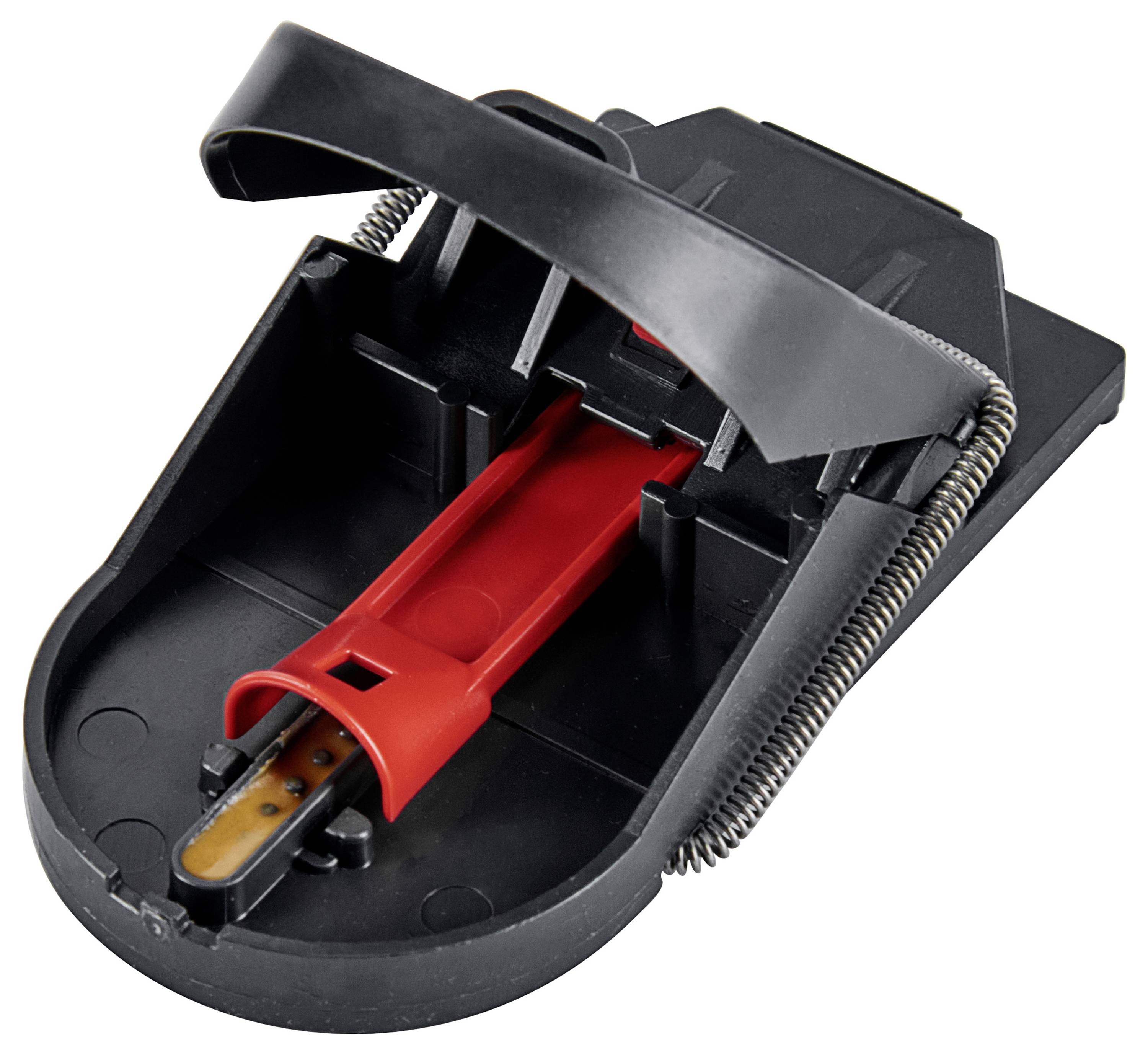 Un piège à souris en plastique noir avec un ressort métallique et une section d'appât rouge, conçu pour se refermer rapidement lorsqu'il est déclenché par une souris.